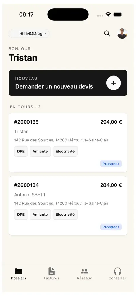 Application mobile RITMODiag : tableau de bord partenaire avec les dossiers en cours